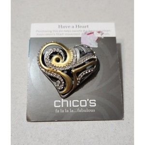 Chicos Heart Pin Brooch Rhinestone‎ Bronze Silver Tone Black Hesrt Association